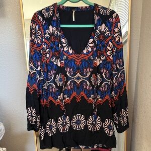 Free People Black Floral Tie-Front Tunic with Blue and Rust Accents